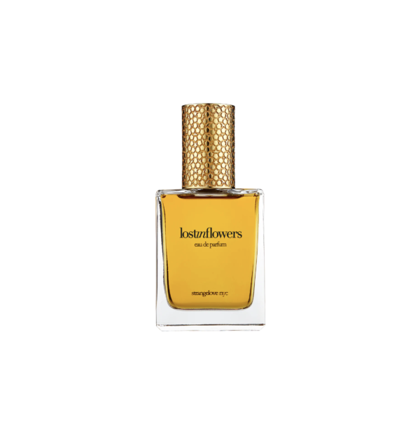 Perfume transparente, liquido dorado, Lost in flowers en letras negras, tapa dorada.