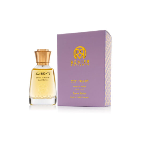 Perfume elegante, líquido dorado tapa dorada. 2021 Nigth en letras negras, caja lila con letras doradas.