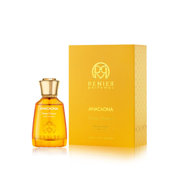 Perfume elegante, líquido dorado tapa dorada. Anacaona en letras doradas, caja con letras doradas.