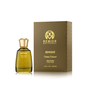 Perfume elegante, verde tapa dorada. Behique en letras blancas, caja con letras doradas.