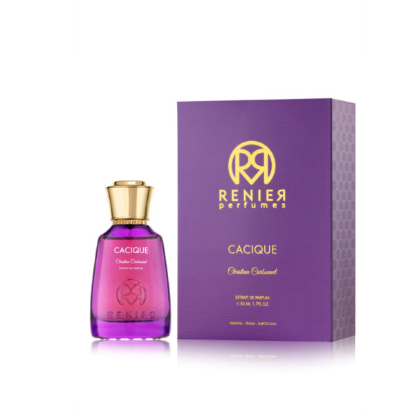 Perfume elegante, morado tapa dorada. Cacique en letras blancas, caja morada, Renier con letras doradas.