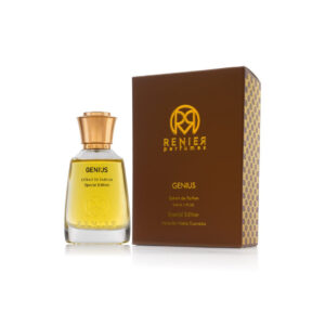 Perfume elegante, líquido dorado tapa dorada. Genius en letras negras, caja marrón con letras doradas.