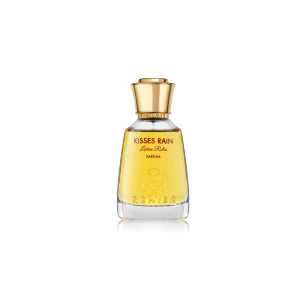 Perfume elegante, líquido dorado tapa dorada. Kisses Rain Labios Rotos en letras granate.