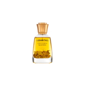 Perfume elegante, líquido dorado tapa dorada. Oudmanthus en letras negras.