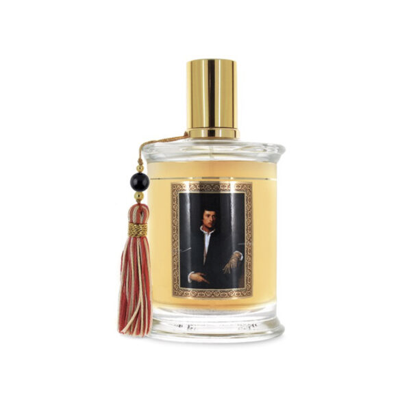 Perfume de liquido dorado, tapa cilíndrica dorada, borla decorativo, etiqueta con Hombre sentado.