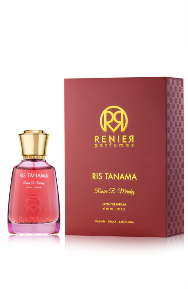 Perfume elegante, líquido rosado y tapa dorada. Caja marrón, Renier y Ris Tanama en dorado.