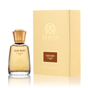 Perfume elegante, líquido dorado. Caja Dorada, con rectándolo marrón y Oud Rain dentro en dorado.