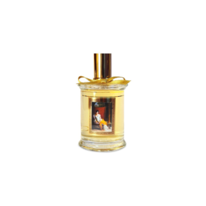 Perfume transparente, líquido dorado, tapa cilíndrica dorada, lado dorado decorativo, etiqueta cuadro mujer sentada de lado.