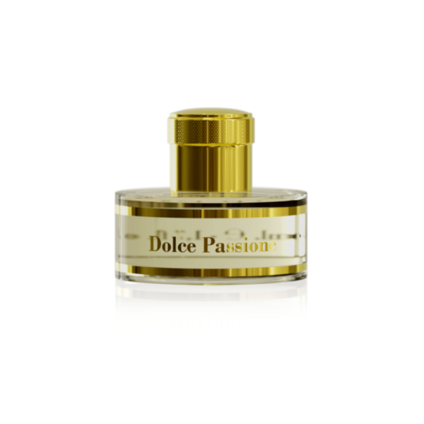 Perfume cilíndrico, tapa cilíndrica dorada, etiqueta blanca Dolce Passione en dorado.