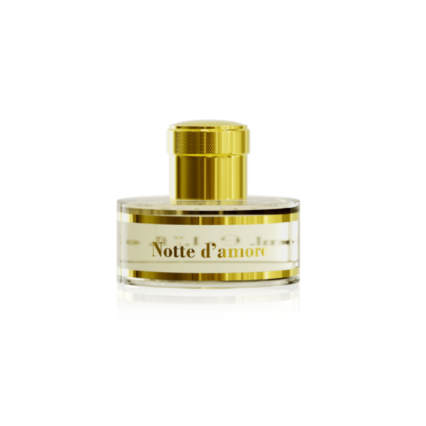 Perfume cilíndrico, tapa cilíndrica dorada, Notte d’amore en letras doradas.