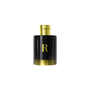 Perfume Negro con dorado, tapa dorada cilíndrica, identificado con R en dorado.