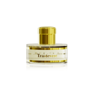 Perfume cilíndrico, etiqueta blanca con Trastevere en dorado, tapa cilíndrica dorada.