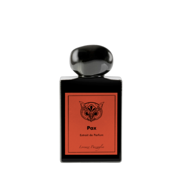 Perfume negro, tapa esférica negra, etiqueta rectangular con cabeza de Búho y PAx en letras negras.