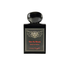 Perfume rectangular negro, tapa negra, etiqueta negra Van Py Rhum en letras rojas, logo de Búho con alas de murciélago.