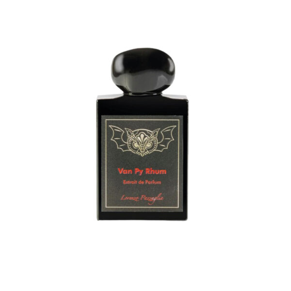 Perfume rectangular negro, tapa negra, etiqueta negra Van Py Rhum en letras rojas, logo de Búho con alas de murciélago.