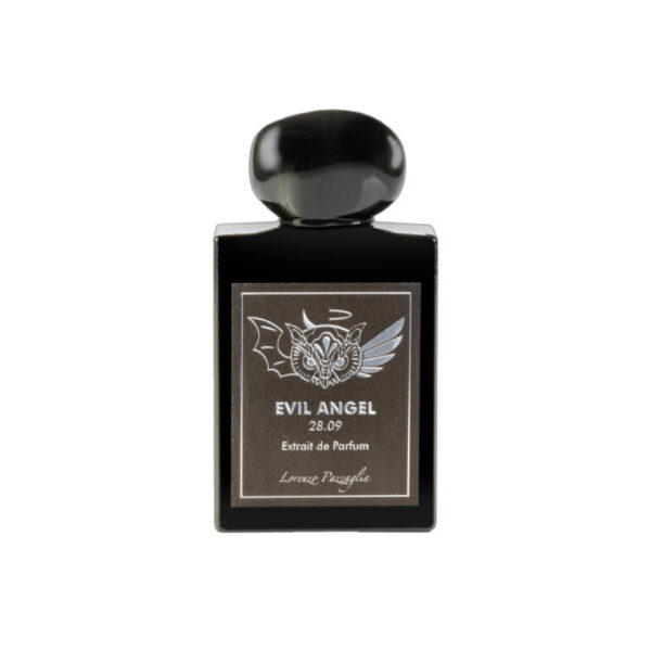 Perfume rectangular negro, tapa negra, etiqueta negra Evil Angel en letras blancas.