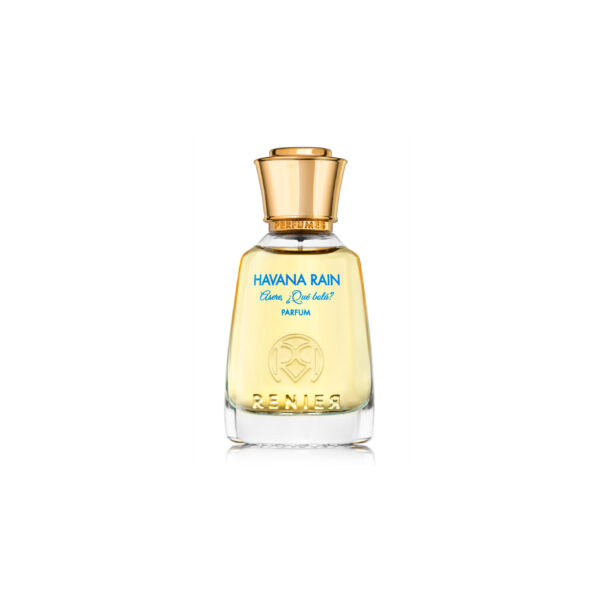 Perfume dorado, envase troquelado Renier, HAvana Rain en letras azules.